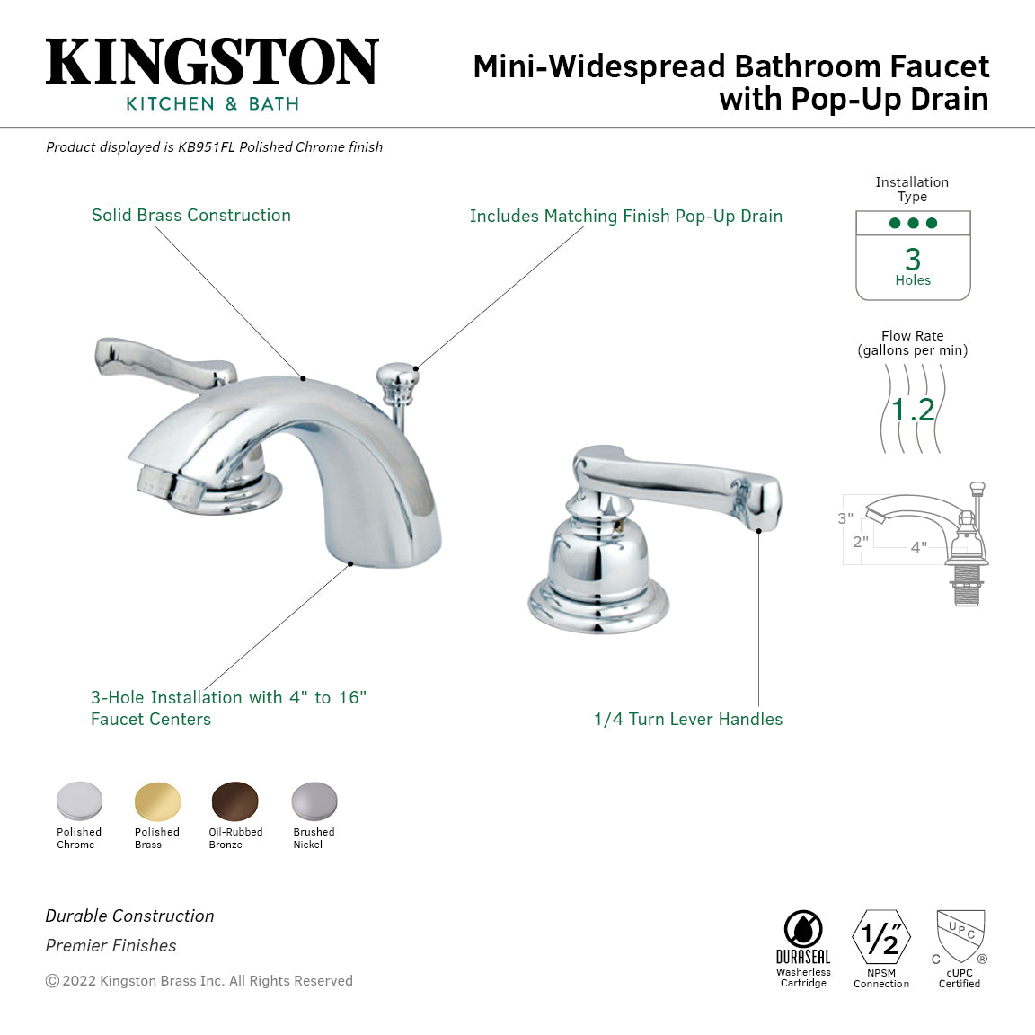 Kingston Tulare KB951FL - Royale Two-Handle 3-Hole Deck Mount Mini-Widespread Bathroom Faucet with Pop-Up Drain, Polished Chrome — thumbnail 2